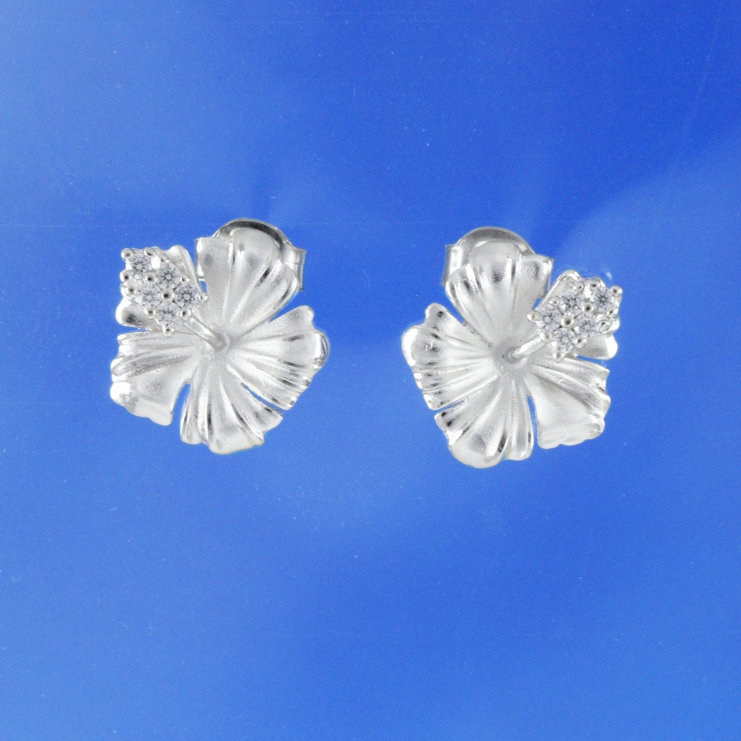 Hawaiian Hibiscus Earrings, Sterling Silver Hibiscus Flower CZ Stud Earrings, Hawaiian Jewelry, Christmas Anniversary Birthday Gift