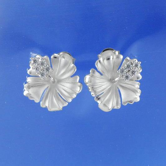 Hawaiian Hibiscus Earrings, Sterling Silver Hibiscus CZ Stud Earrings, Hawaiian Jewelry, Christmas Anniversary Birthday Gift