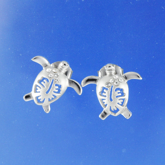 Hawaiian Sea Turtle Hibiscus Earrings, Sterling Silver Sea Turtle Hibiscus CZ Stud Earrings, Christmas Mom Birthday Gift