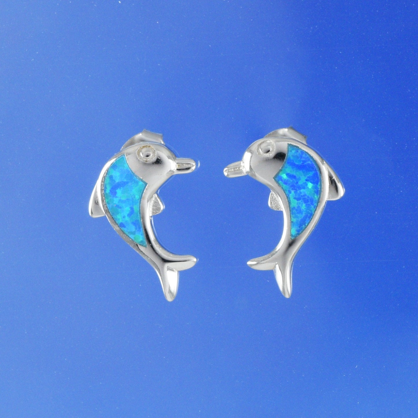 Hawaiian Blue Opal Dolphin Earrings, Sterling Silver Blue Opal Inlay Dolphin Stud Earrings, Hawaiian Jewelry, Christmas Birthday Gift