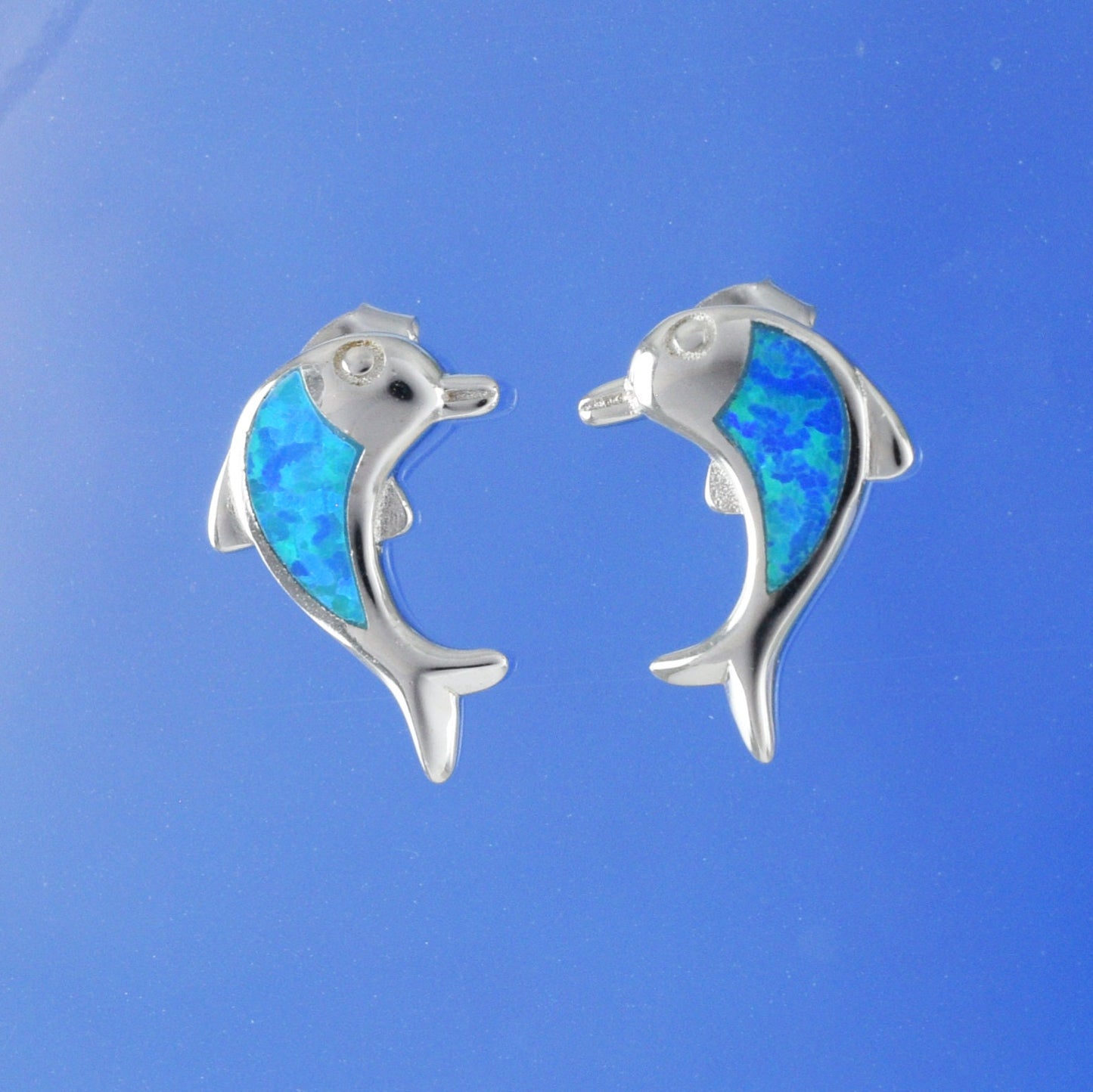 Hawaiian Blue Opal Dolphin Earrings, Sterling Silver Blue Opal Inlay Dolphin Stud Earrings, Hawaiian Jewelry, Christmas Birthday Gift