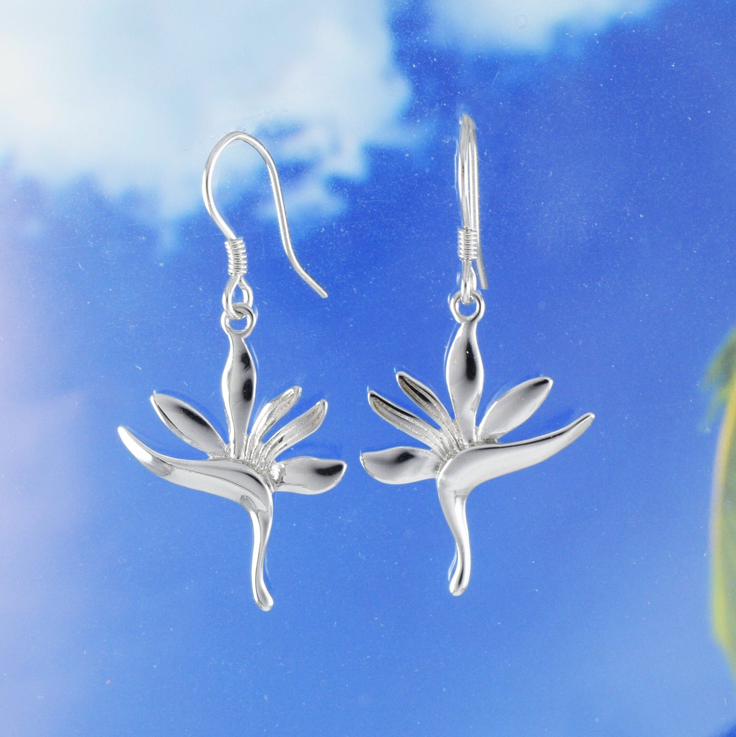 Hawaiian Large Bird of Paradise Earrings, Sterling Silver Bird of Paradise Dangle Earrings, Christmas Anniversary Birthday Gift