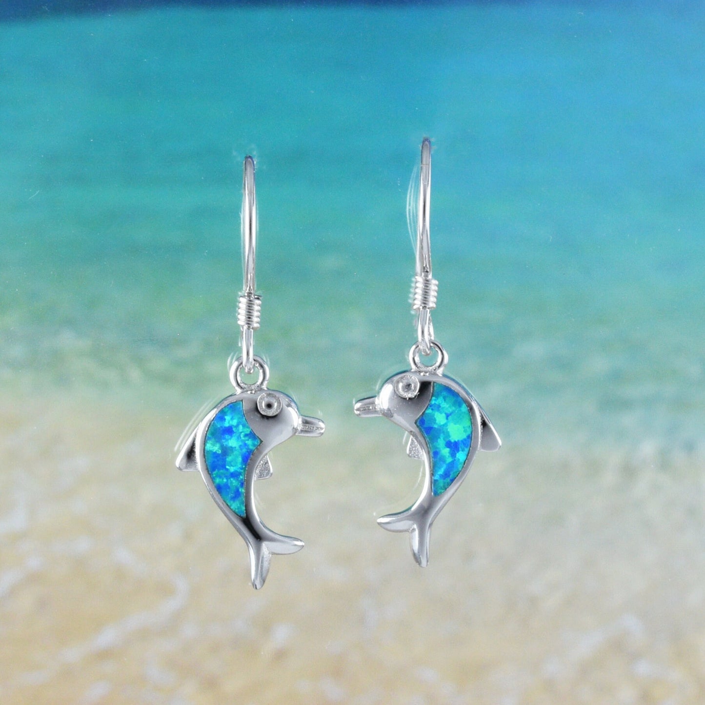 Hawaiian Blue Opal Dolphin Earrings, Sterling Silver Blue Opal Inlay Dolphin Dangle Earrings, Christmas Mom Birthday Gift