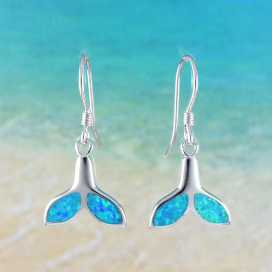 Hawaiian Blue Opal Dolphin Tail Earrings, Sterling Silver Blue Opal Dolphin Tail Dangle Earrings, Christmas Mom Birthday Gift