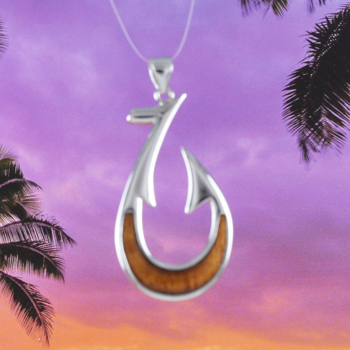 Hawaiian X-Large Genuine Koa Wood Fish Hook Pendant, Sterling Silver Fish Hook Pendant, N8516 Birthday Mother Gift