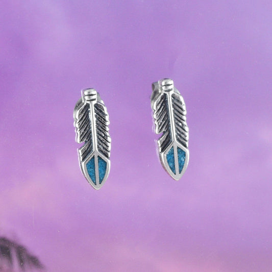 Genuine Turquoise Feather Earrings, Sterling Silver Feather Stud Earrings, E8398 Birthday Mother Gift, Texan Jewelry