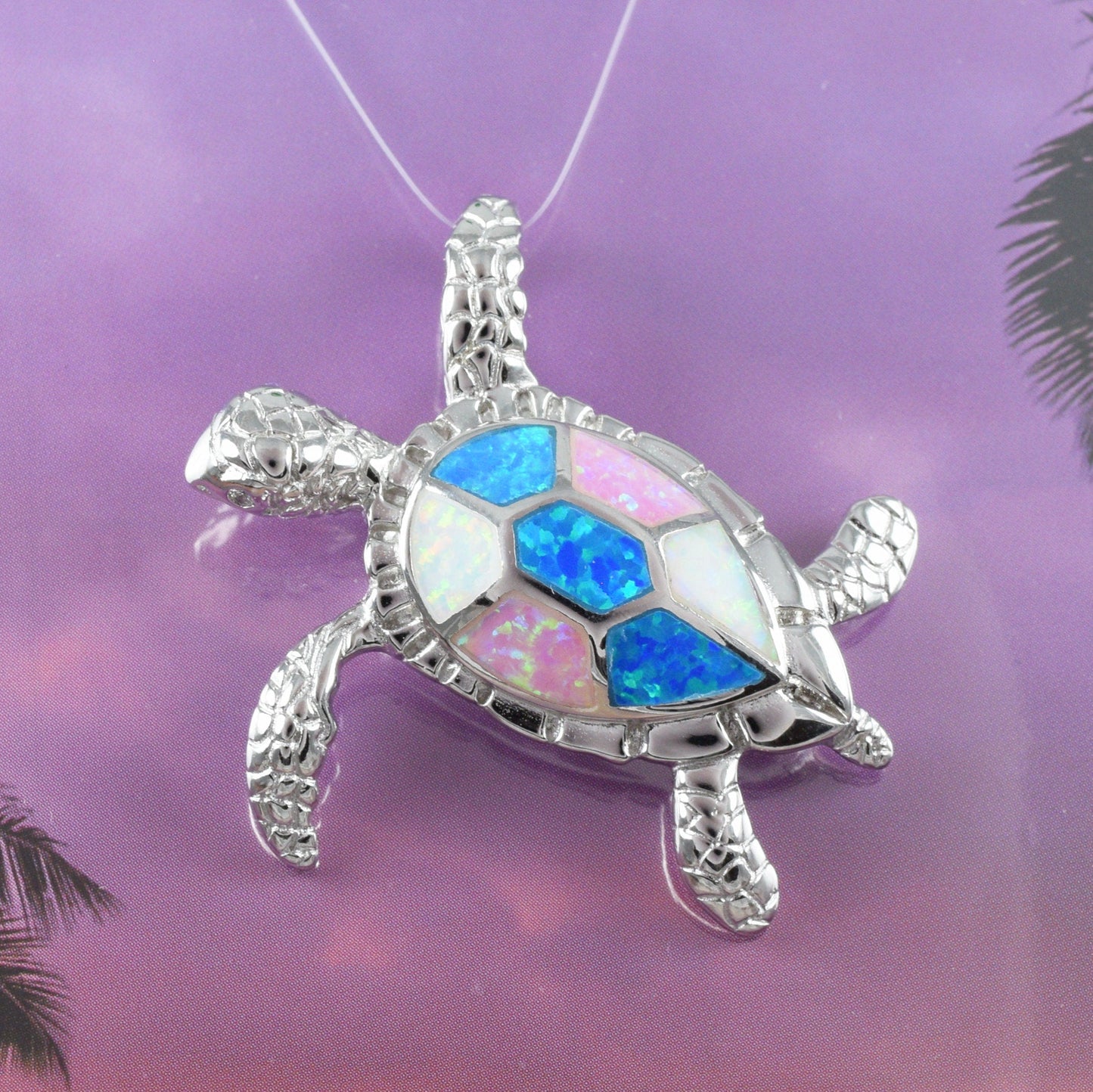 Hawaiian X-Large Tri-color Opal Sea Turtle Pendant, Sterling Silver Blue White Pink Opal Turtle Pendant, N8365 Birthday Mom Gift