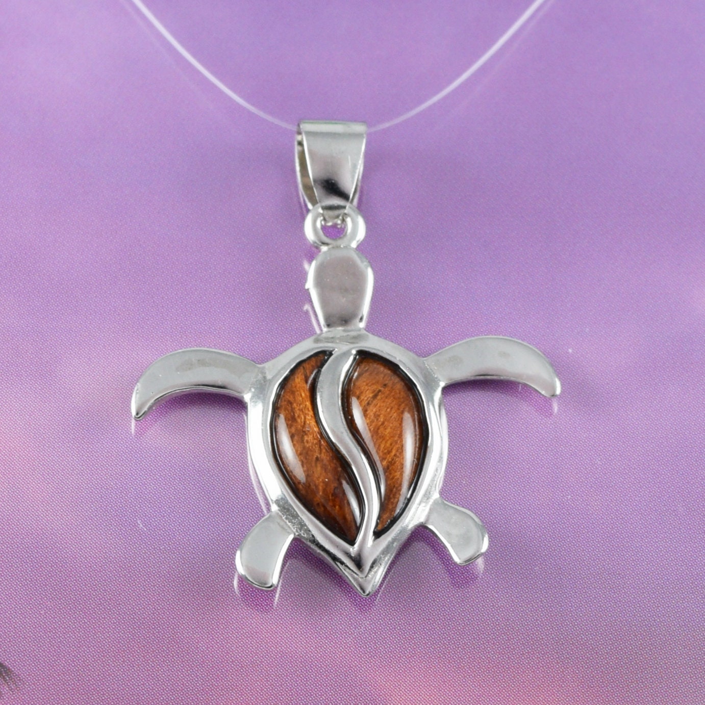 Hawaiian Genuine Koa Wood Sea Turtle Pendant, Sterling Silver Koa Wood Turtle Pendant, N8508 Birthday Mother Gift, Statement PC