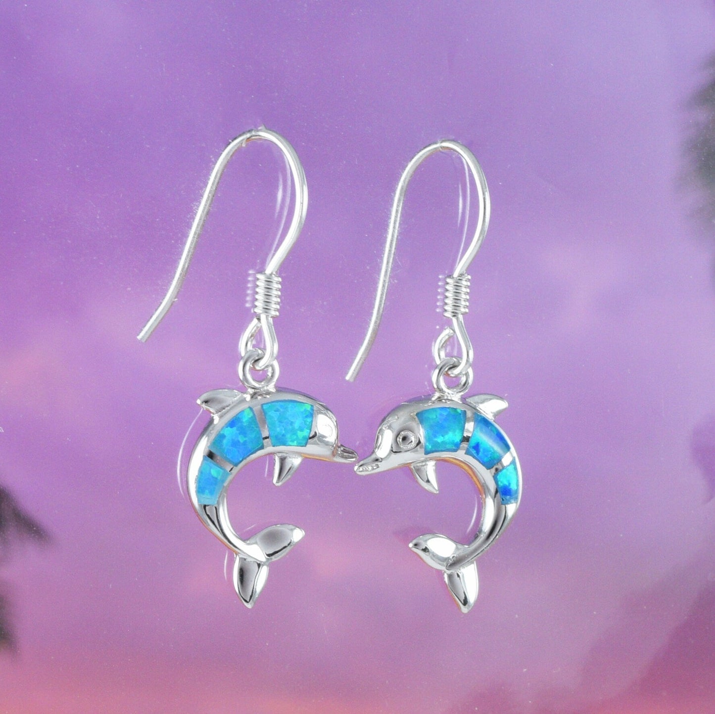 Beautiful Hawaiian Blue Opal Dolphin Earrings, Sterling Silver Blue Opal Dolphin Dangle Earrings, E4030 Birthday Wife Mom Mother Gift