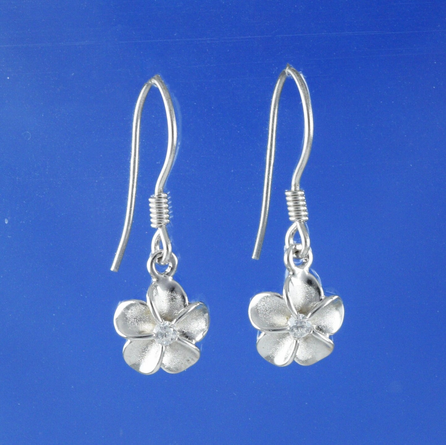 Hawaiian Small Plumeria Earrings, Sterling Silver Plumeria CZ Dangle Earrings, Hawaiian Jewelry, Christmas Anniversary Birthday Gift