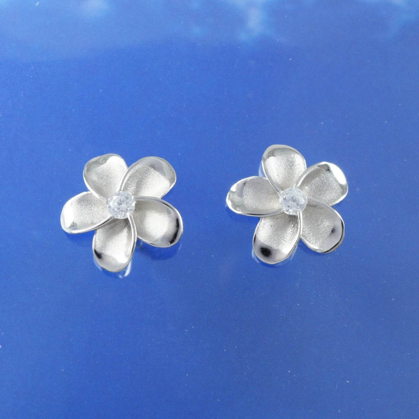 Hawaiian Plumeria Earrings, Sterling Silver Plumeria CZ Stud Earrings, Hawaiian Jewelry, Christmas Anniversary Birthday Gift