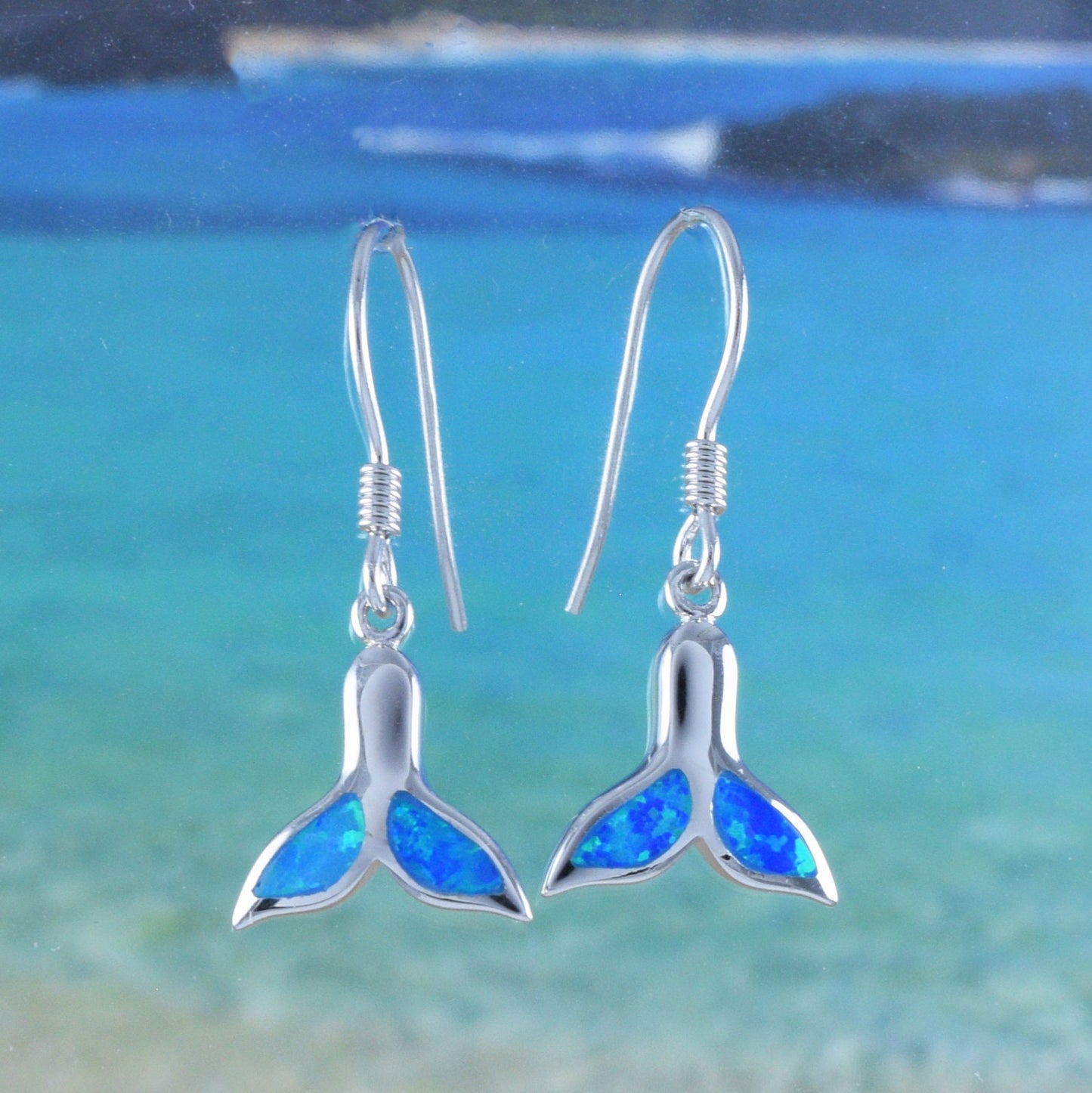 Hawaiian Blue Opal Whale Tail Earrings, Sterling Silver Blue Opal Whale Tail Dangle Earrings, Christmas Anniversary Birthday Gift