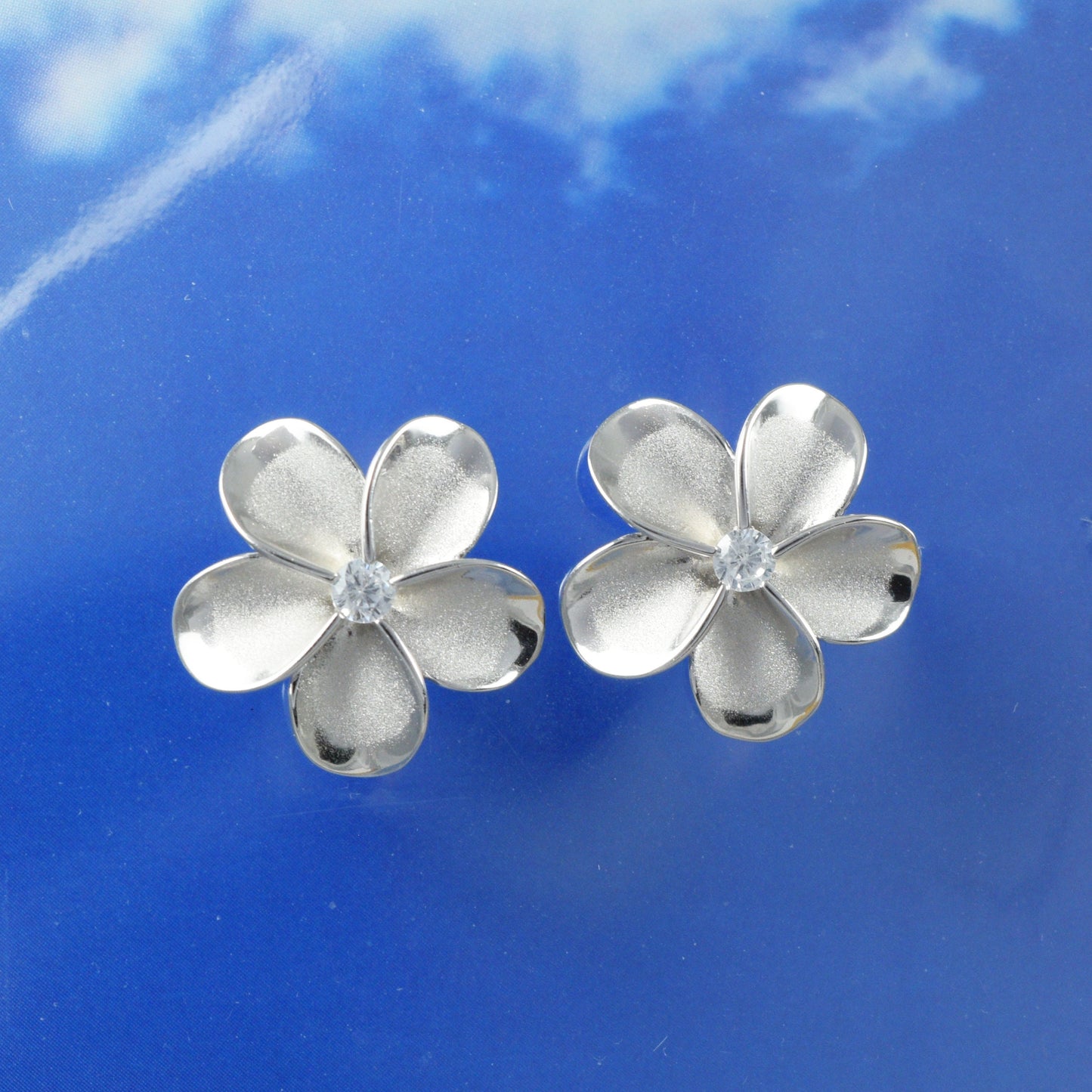 Hawaiian Large Plumeria Earrings, Sterling Silver Plumeria CZ Stud Earrings, Hawaiian Jewelry, Christmas Anniversary Birthday Gift