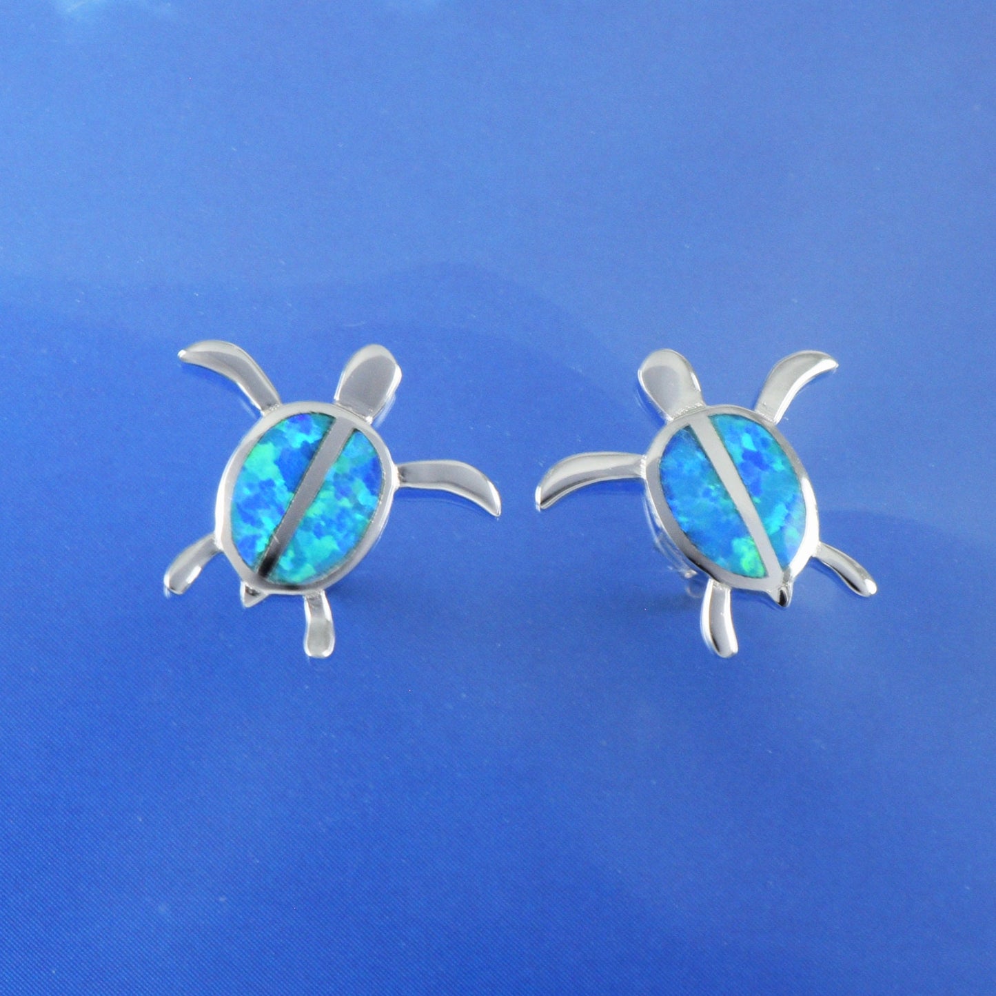 Hawaiian Opal Sea Turtle Earrings, Sterling Silver Blue Opal Inlay Sea Turtle Stud Post Earrings, Hawaiian Jewelry