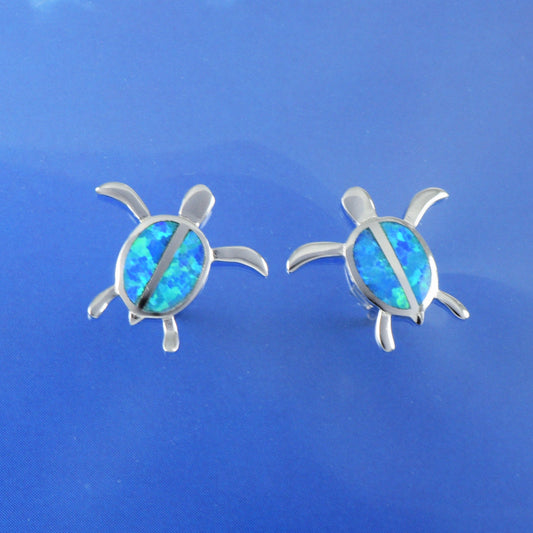 Hawaiian Opal Sea Turtle Earrings, Sterling Silver Blue Opal Inlay Sea Turtle Stud Post Earrings, Hawaiian Jewelry