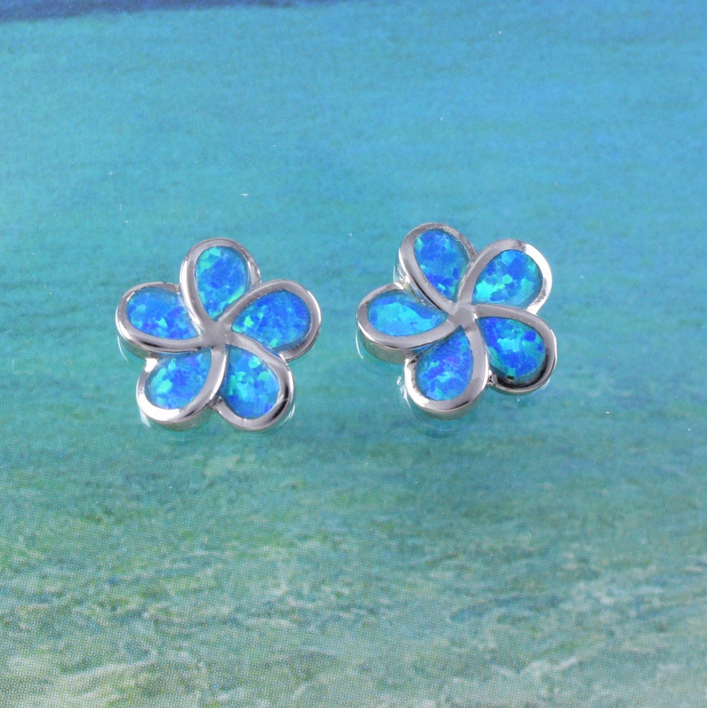 Hawaiian Blue Opal Plumeria Earrings, Sterling Silver Blue Opal Inlay Plumeria Stud Earrings, Christmas Mom Birthday Gift