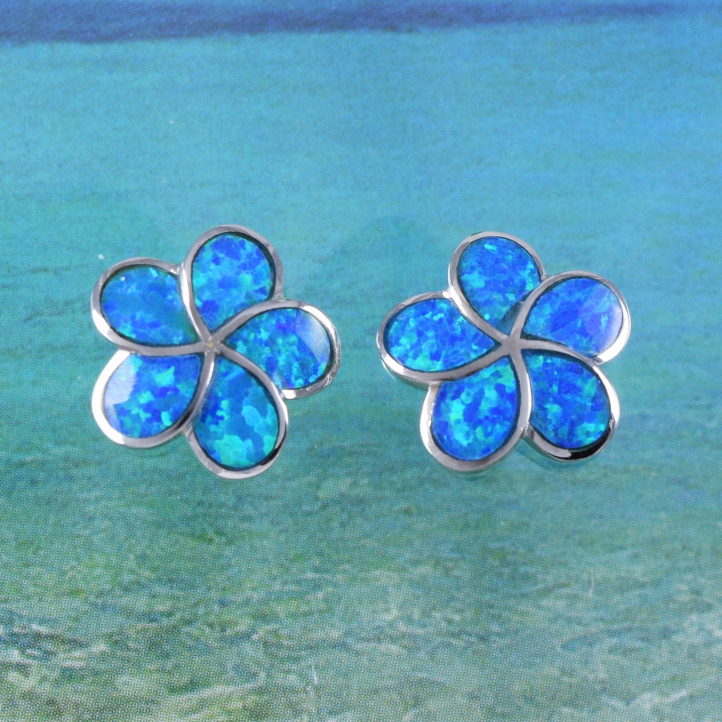 Hawaiian Large Blue Opal Plumeria Earrings, Sterling Silver Blue Opal Inlay Plumeria Stud Earrings, Hawaiian Christmas Mother Birthday Gift