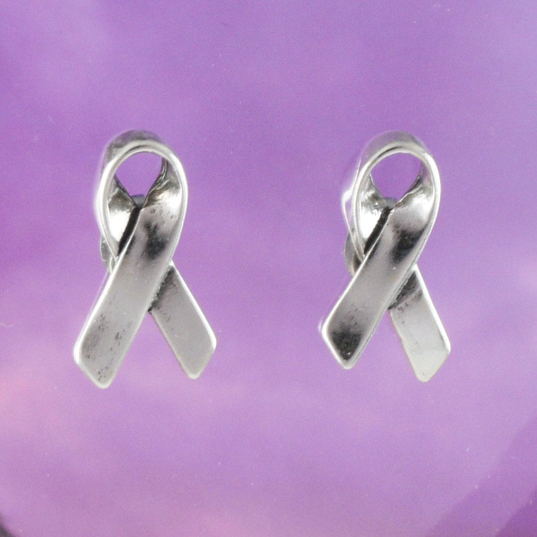 Silver Ribbon Earrings, Sterling Silver Ribbon Stud Earrings, Breast Cancer Awareness Sign, E8832 Birthday Mother Gift, Texan Jewelry