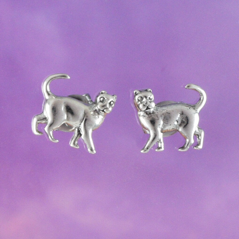 Silver Cat Earrings, Sterling Silver Kitten Cat Stud Earrings, E8667 Birthday Mom Wife Mother Gift, Texan Jewelry