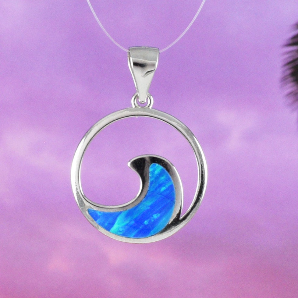 Hawaiian Blue Opal Ocean Wave Pendant, Sterling Silver Blue Opal Wave Pendant, N8383 Birthday Mom Mother Gift, Island Jewelry