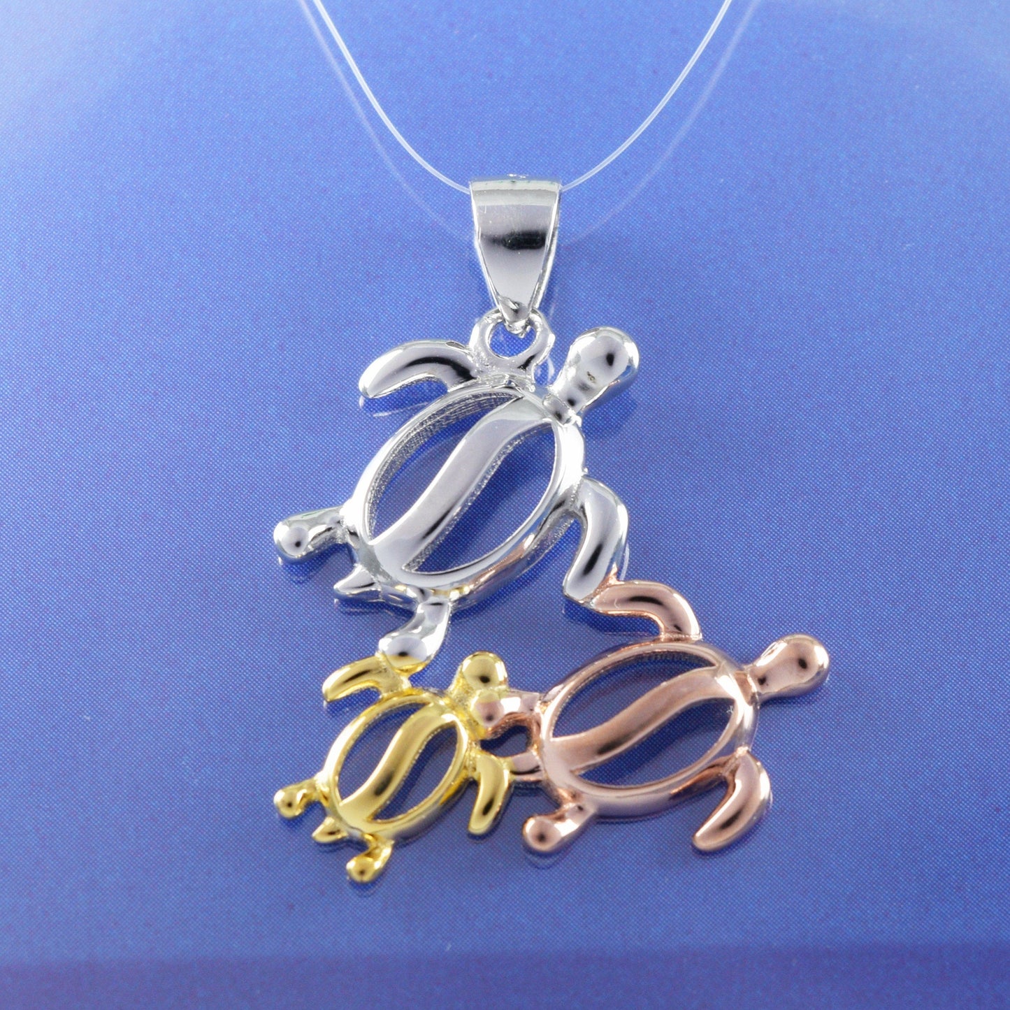 Hawaiian Tri-color Mom & 2 Baby Sea Turtle Pendant, Sterling Silver Tri-color 3 Turtle Pendant, N8549 Birthday Mother Mom Gift