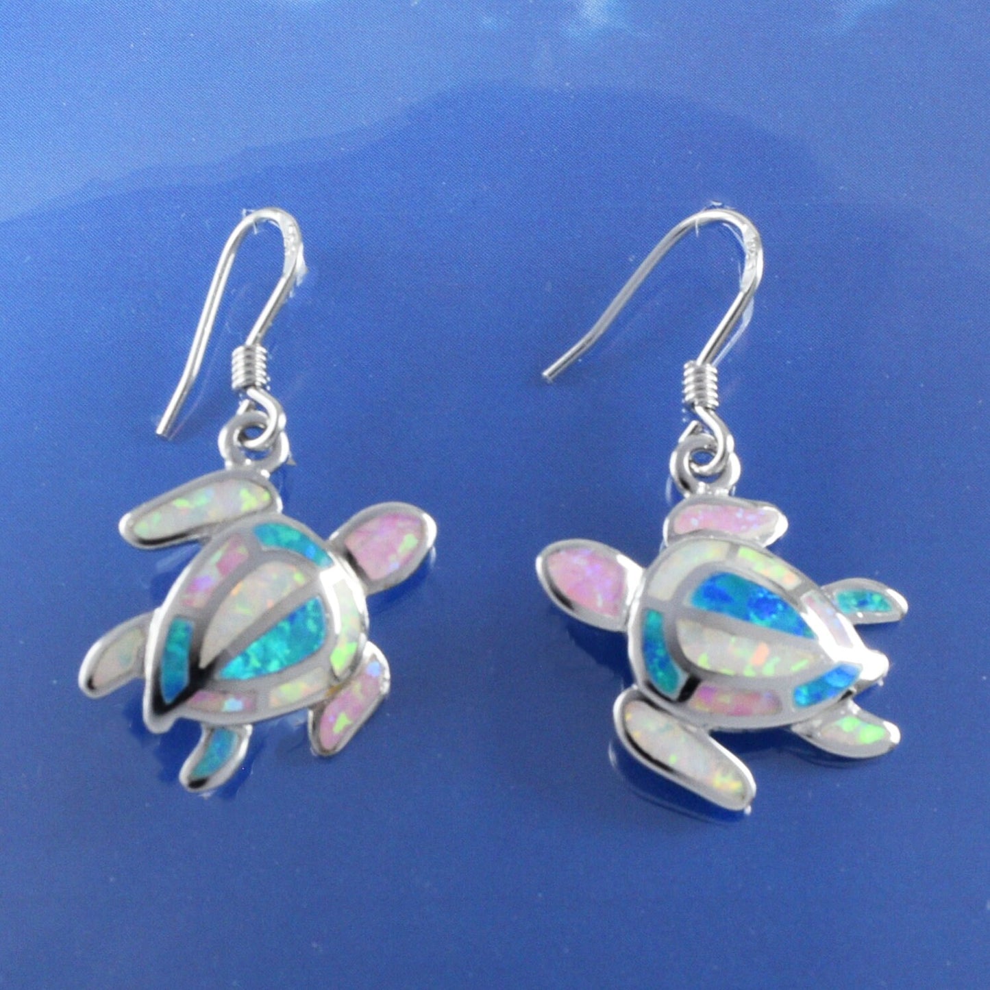 Hawaiian Large Tri-color Opal Sea Turtle Earrings, Sterling Silver Blue White Pink Opal Sea Turtle Dangle Earrings, Christmas Birthday Gift