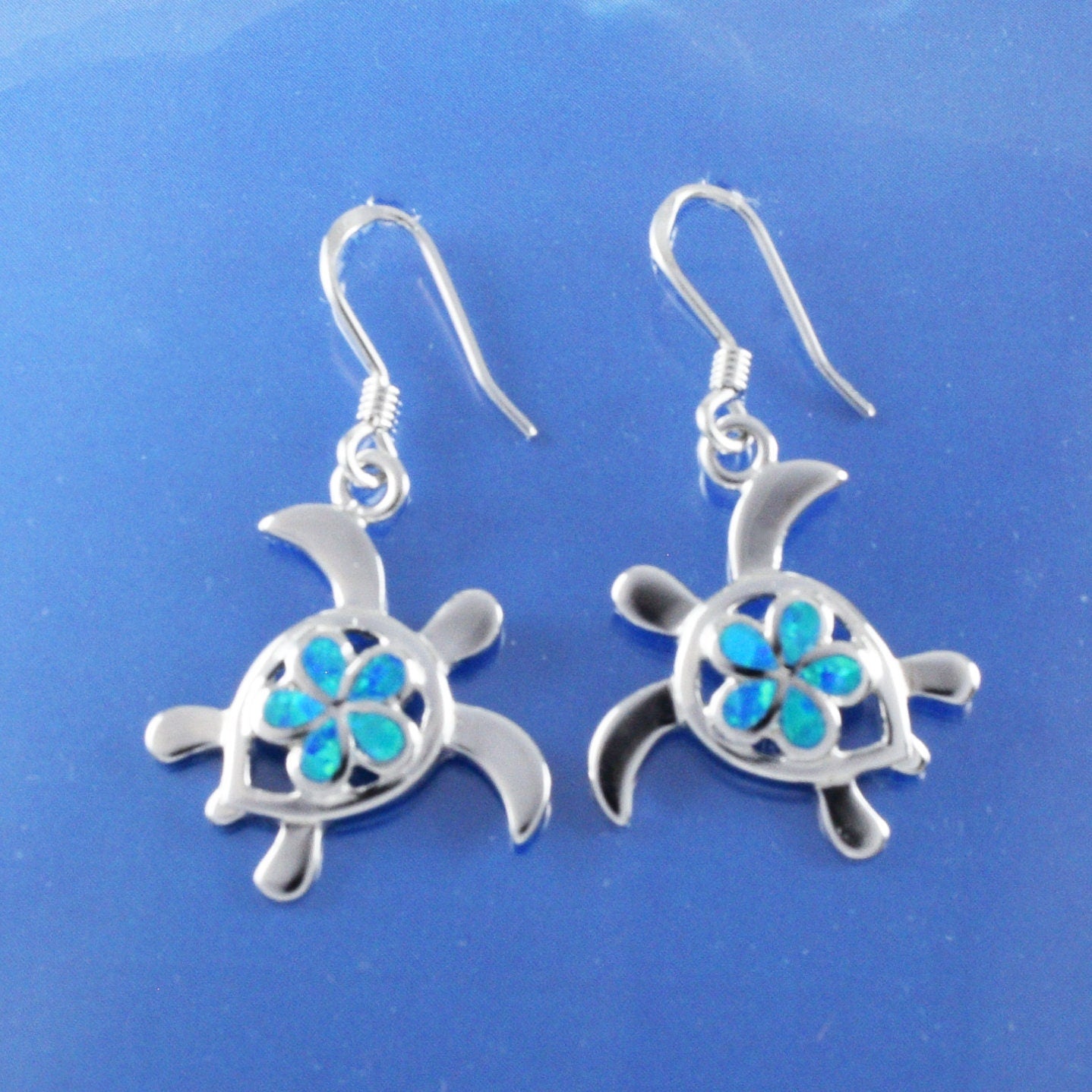 Hawaiian Large Blue Opal Sea Turtle Plumeria Earrings, Sterling Silver Blue Opal Sea Turtle Dangle Earrings, Christmas Present Birthday Gift