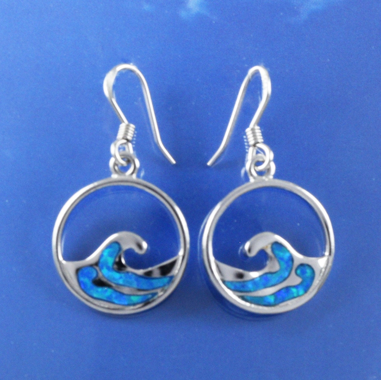 Hawaiian Blue Opal Ocean Wave Earrings, Sterling Silver Blue Opal Inlay Wave Dangle Earrings, Christmas Mom Birthday Gift