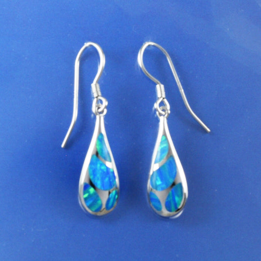 Hawaiian Blue Opal Rain Drop Earrings, Sterling Silver Blue Opal Inlay Rain Drop Dangle Earrings, Christmas Mom Birthday Gift