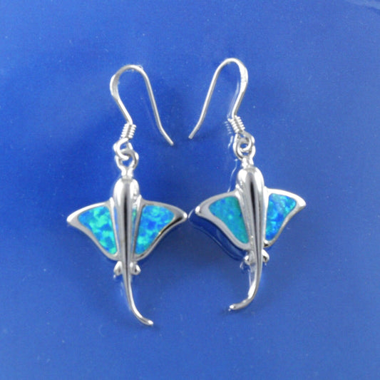 Hawaiian Blue Opal Stingray Earrings, Sterling Silver Stingray Dangle Earrings, Hawaiian Jewelry, Christmas Anniversary Birthday Gift