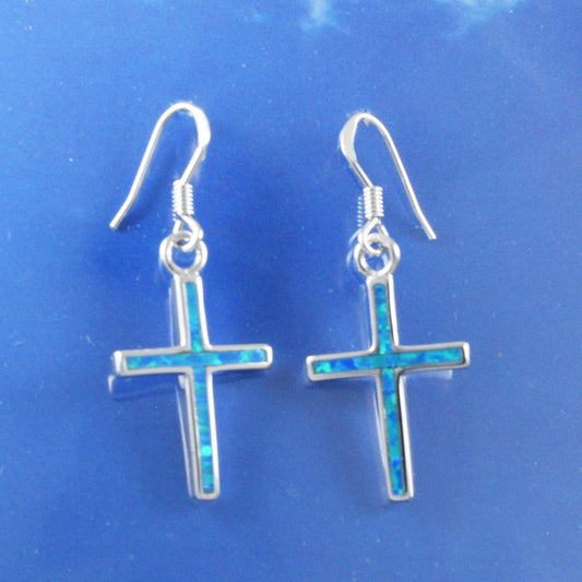 Hawaiian Large Blue Opal Cross Earrings, Sterling Silver Blue Opal Inlay Cross Dangle Earrings, Christmas Mom Birthday Gift