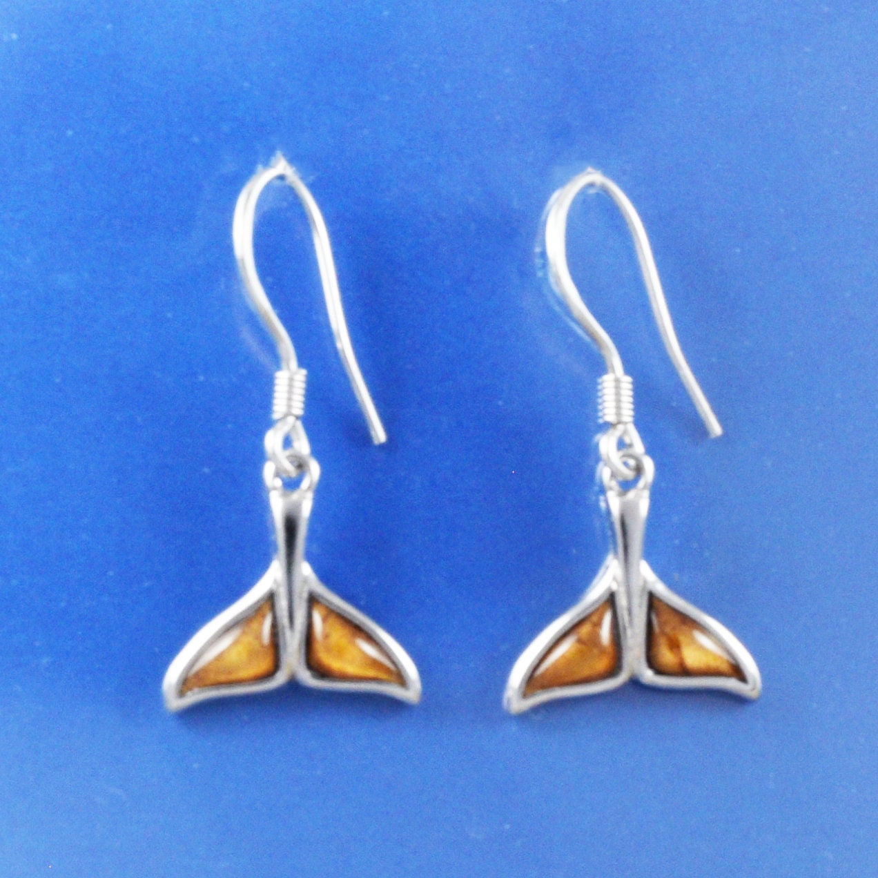 Hawaiian Genuine Koa Wood Dolphin Tail Earrings, Sterling Silver Koa Wood Dolphin Tail Dangle Earrings, Christmas Mom Birthday Gift