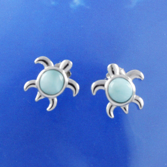 Hawaiian Genuine Larimar Sea Turtle Earrings, Sterling Silver Larimar Inlay Sea Turtle Stud Post Earrings, Hawaiian Jewelry