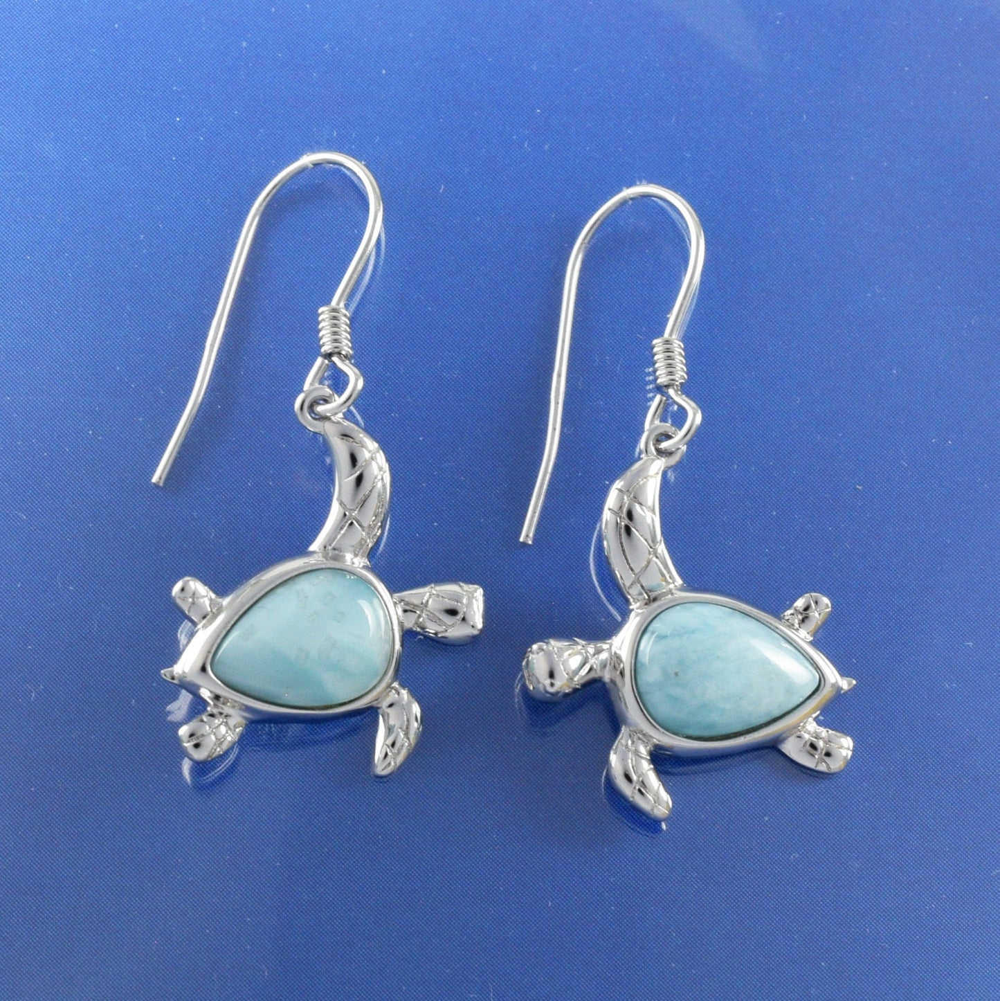 Hawaiian Genuine Larimar Sea Turtle Earrings, Sterling Silver Larimar Sea Turtle Dangle Earrings, Christmas Present Birthday Gift