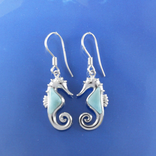 Hawaiian Genuine Larimar Seahorse Earrings, Sterling Silver Larimar Inlay Seahorse Dangle Earrings, Christmas Mom Birthday Gift