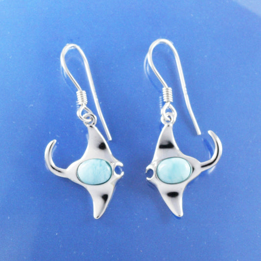 Hawaiian Genuine Larimar Manta Ray Earrings, Sterling Silver Larimar Manta Ray Dangle Earrings, Christmas Anniversary Birthday Gift