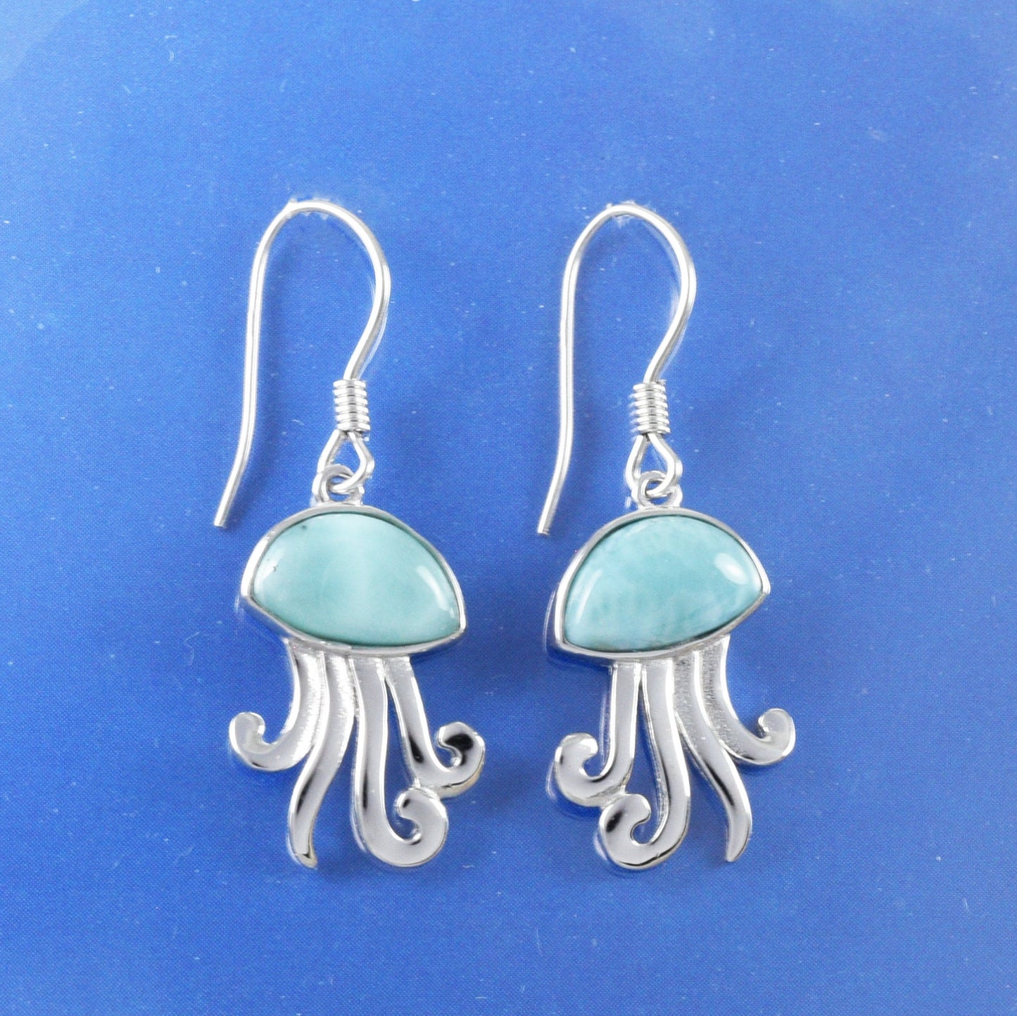 Hawaiian Genuine Larimar Jellyfish Earrings, Sterling Silver Larimar Inlay Jellyfish Dangle Earrings, Christmas Mom Birthday Gift