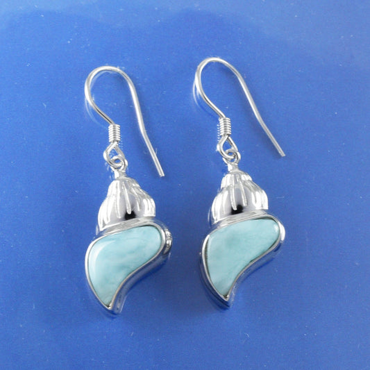 Hawaiian Genuine Larimar Seashell Earrings, Sterling Silver Larimar Inlay Seashell Dangle Earrings, Christmas Mom Birthday Gift