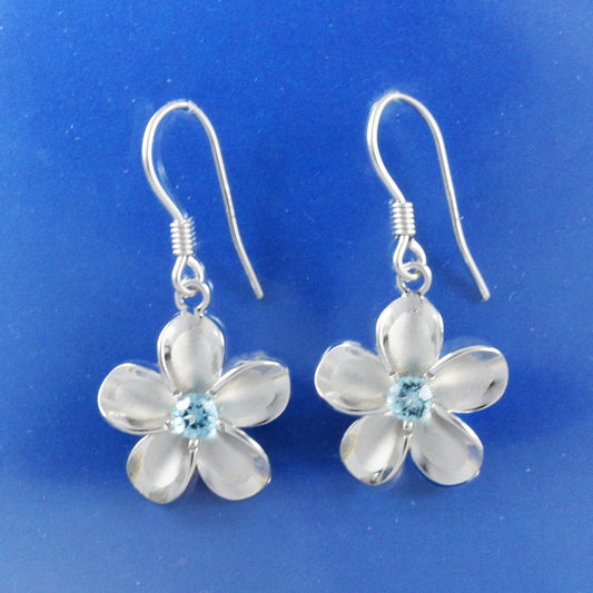 Hawaiian Genuine Blue Topaz Plumeria Earrings, Sterling Silver Plumeria Blue Topaz Dangle Earrings, Christmas Anniversary Birthday Gift