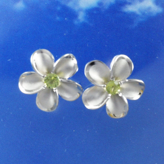 Hawaiian Genuine Peridot Plumeria Earrings, Sterling Silver Plumeria Peridot Stud Earrings, Christmas Anniversary Birthday Gift