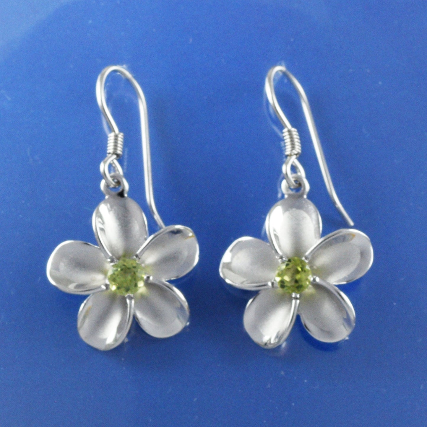 Hawaiian Genuine Peridot Plumeria Earrings, Sterling Silver Plumeria Peridot Dangle Earrings, Christmas Anniversary Birthday Gift