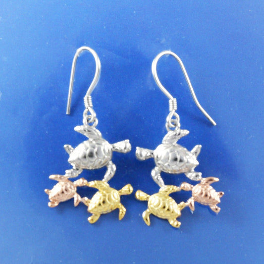 Hawaiian Large Tri-color Sea Turtle Family Earrings, Sterling Silver 3-Tone Turtle Dangle Earrings, Christmas Mom Birthday Gift