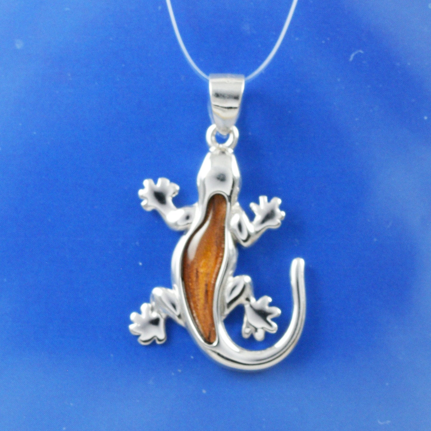 Hawaiian Genuine Koa Wood Gecko Pendant, Sterling Silver Koa Wood Gecko Lizard Pendant, Christmas Anniversary Mom Birthday Gift