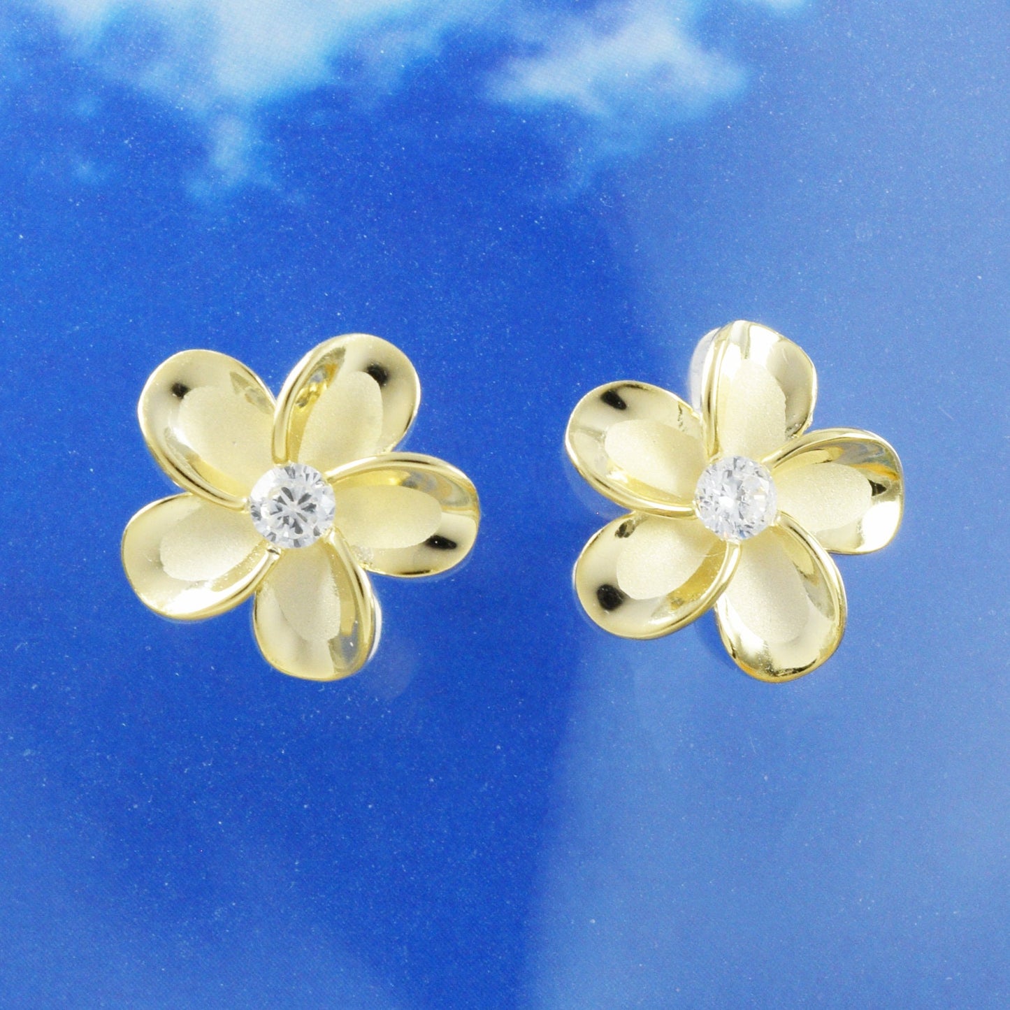 Hawaiian Plumeria Earrings, Sterling Silver Yellow-Gold Plated Plumeria CZ Stud Earrings, Christmas Anniversary Mom Birthday Gift