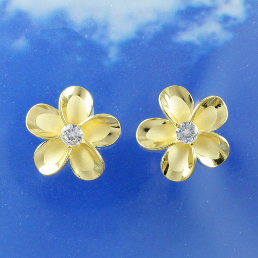 Hawaiian Plumeria Earrings, Sterling Silver Yellow-Gold Plated Plumeria CZ Stud Earrings, Mom Christmas Anniversary Birthday Gift