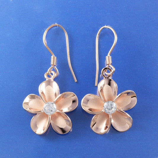 Hawaiian Plumeria Earrings, Sterling Silver Rose-Gold Plated Plumeria CZ Dangle Earrings, Mom Christmas Anniversary Birthday Gift