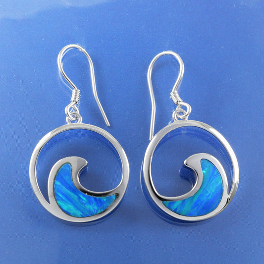 Hawaiian Large Blue Opal Ocean Wave Earrings, Sterling Silver Blue Opal Inlay Wave Dangle Earrings, Christmas Mom Birthday Gift