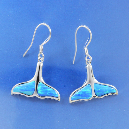 Hawaiian Large Blue Opal Dolphin Tail Earrings, Sterling Silver Blue Opal Dolphin Tail Dangle Earrings, Christmas Mom Birthday Gift