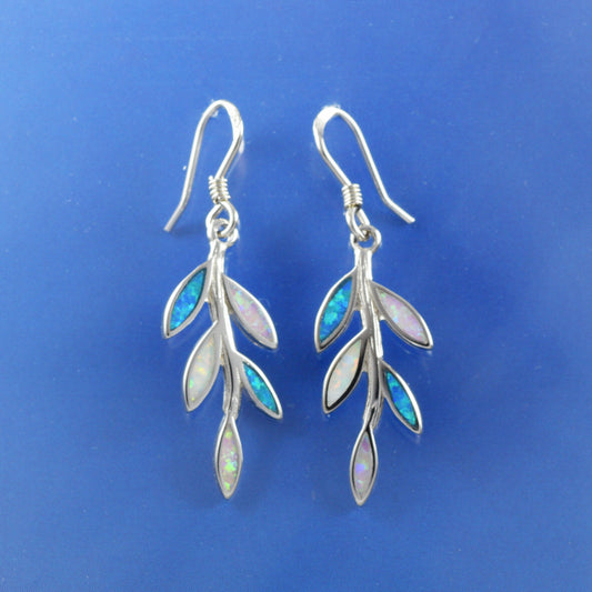 Hawaiian Tri-color Opal Maile Leaf Earrings, Sterling Silver Blue White Pink Opal Maile Leaf Dangle Earrings, Christmas Mom Birthday Gift