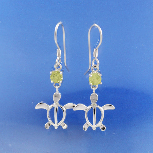 Hawaiian Genuine Peridot Sea Turtle Earrings, Sterling Silver Green Peridot Sea Turtle Dangle Earrings, Christmas Present Birthday Gift